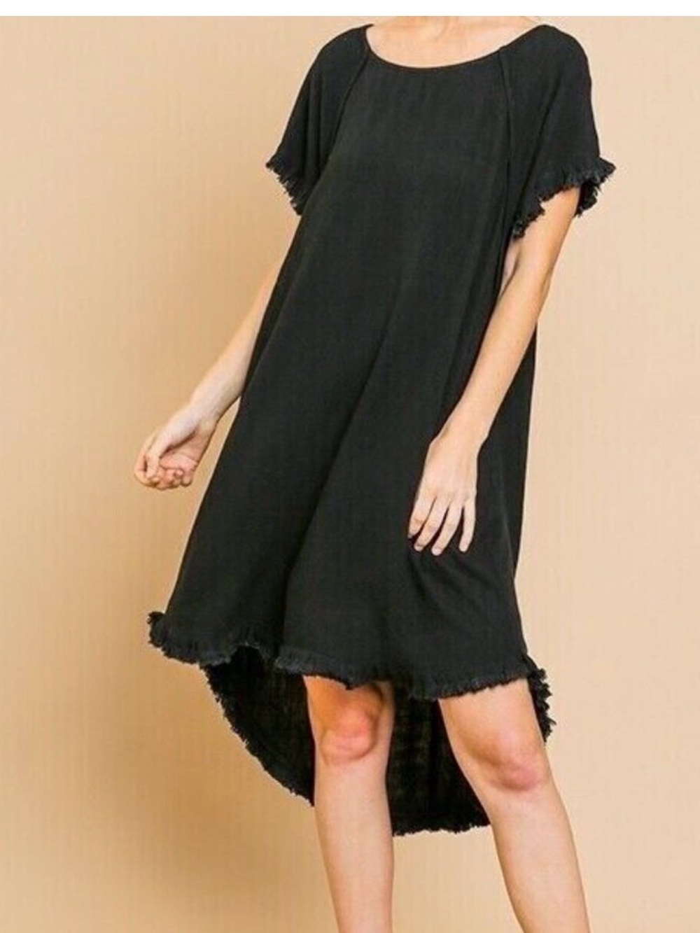 Umgee Black Short Sleeve Frayed Hem Swing Dress Sz Medium